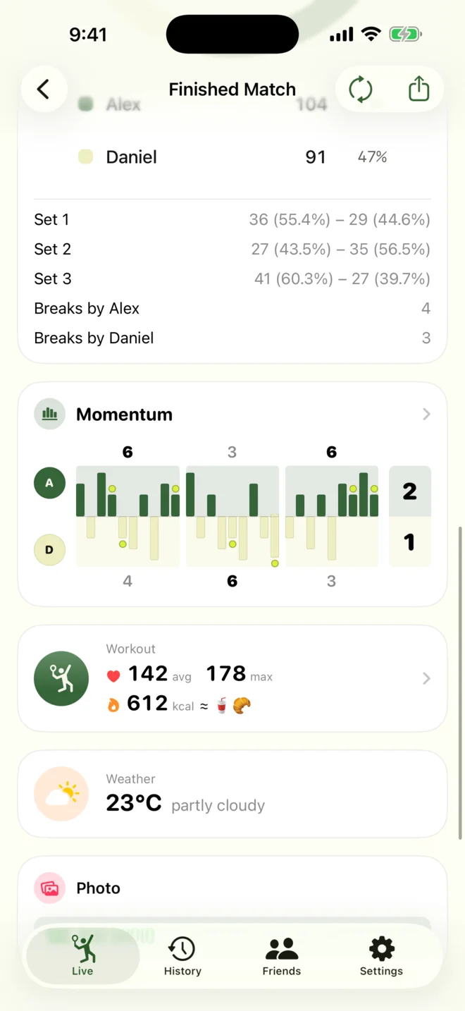 Points won per set, and the workout card with heart rate and calories
