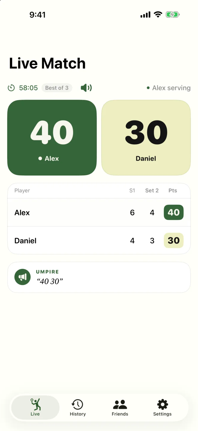 A live match on iPhone, 40-30, with the umpire's last call