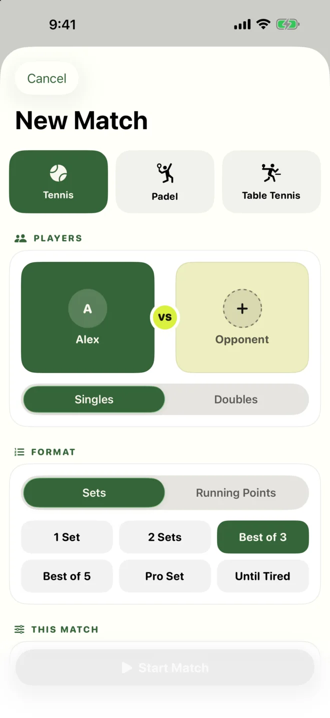 The New Match screen: sport, players and format