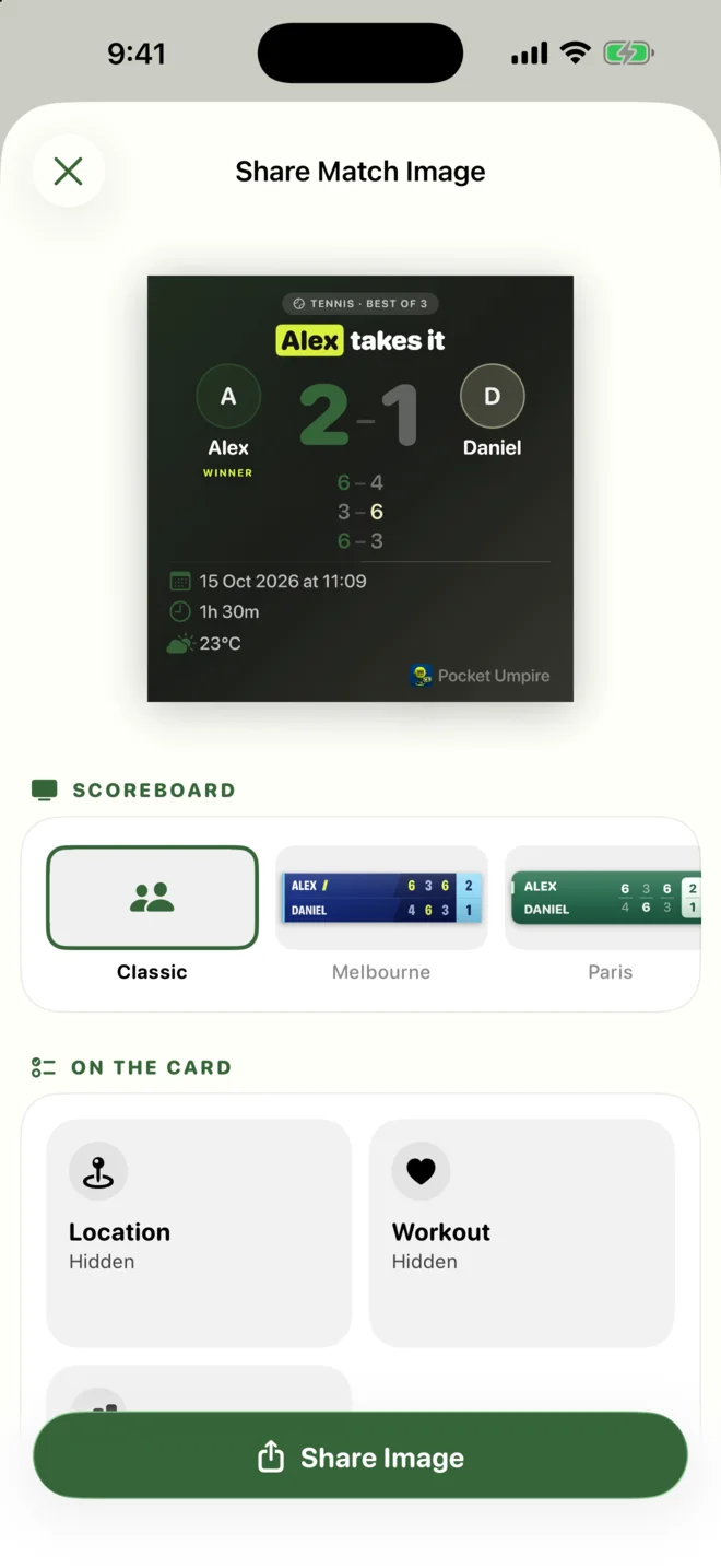 The share card for a finished match