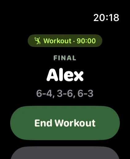 The final score and workout time on Apple Watch